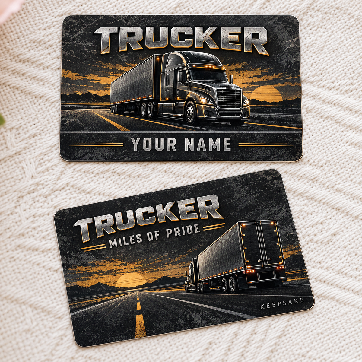 Personalized trucker aluminum wallet card with craft camo occupational artwork.