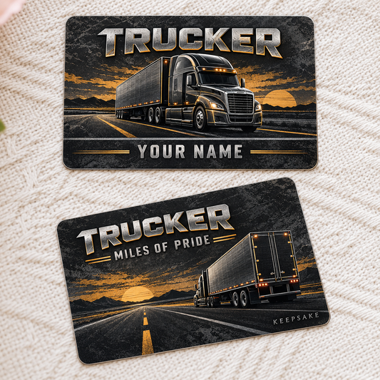 Personalized trucker aluminum wallet card with craft camo occupational artwork.