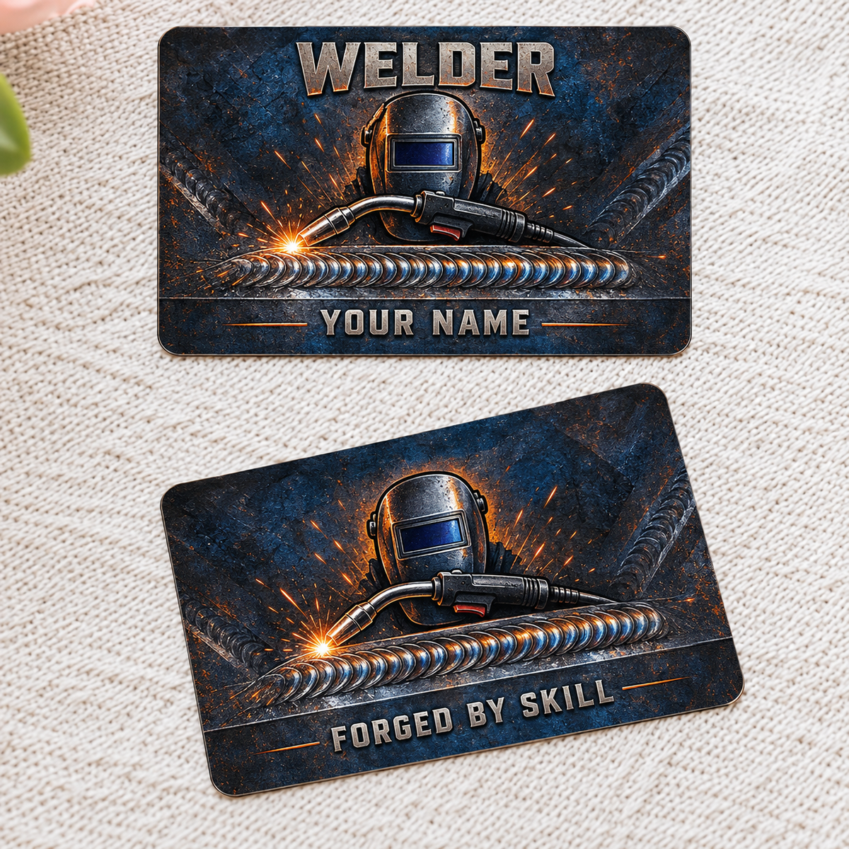Personalized welder aluminum wallet card with craft camo occupational artwork.