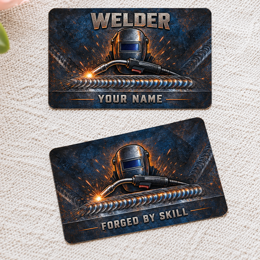 Personalized welder aluminum wallet card with craft camo occupational artwork.
