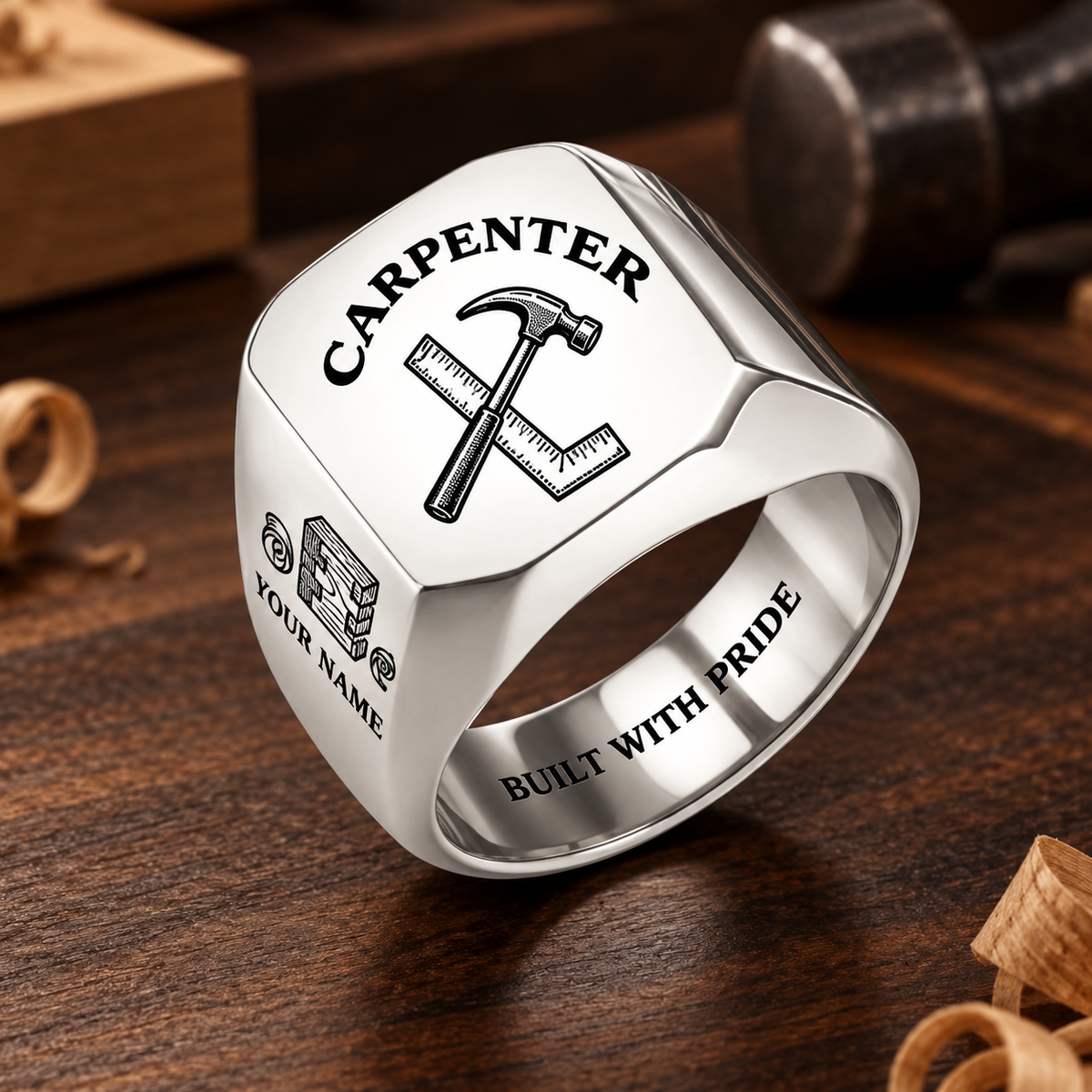 Personalized carpenter engraved signet ring with classic emblem occupational artwork.