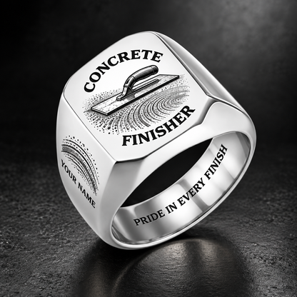 Personalized concrete finisher engraved signet ring with classic emblem occupational artwork.