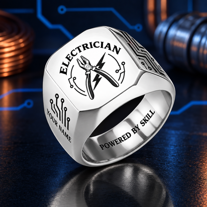 Personalized electrician engraved signet ring with classic emblem occupational artwork.