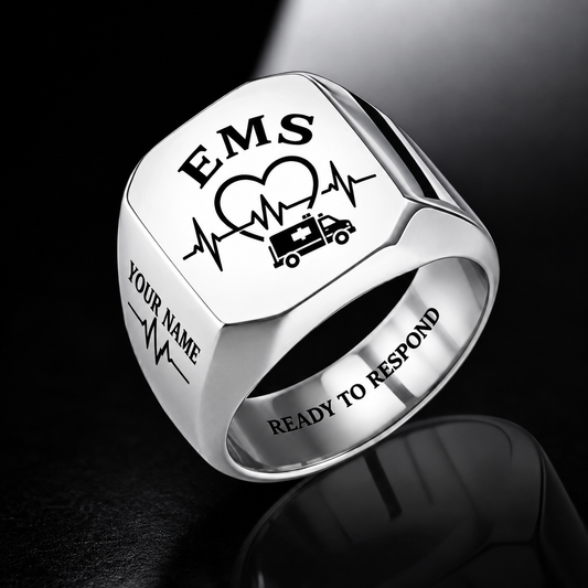 Personalized ems engraved signet ring with classic emblem occupational artwork.