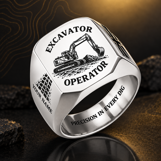 Personalized excavator operator engraved signet ring with classic emblem occupational artwork.