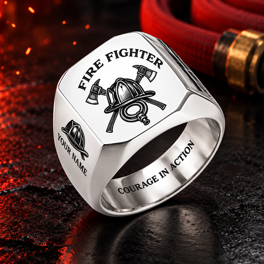 Personalized fire fighter engraved signet ring with classic emblem occupational artwork.