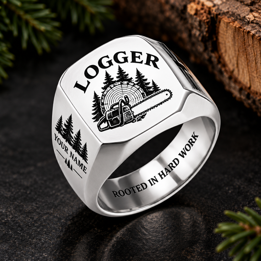 Personalized logger engraved signet ring with classic emblem occupational artwork.