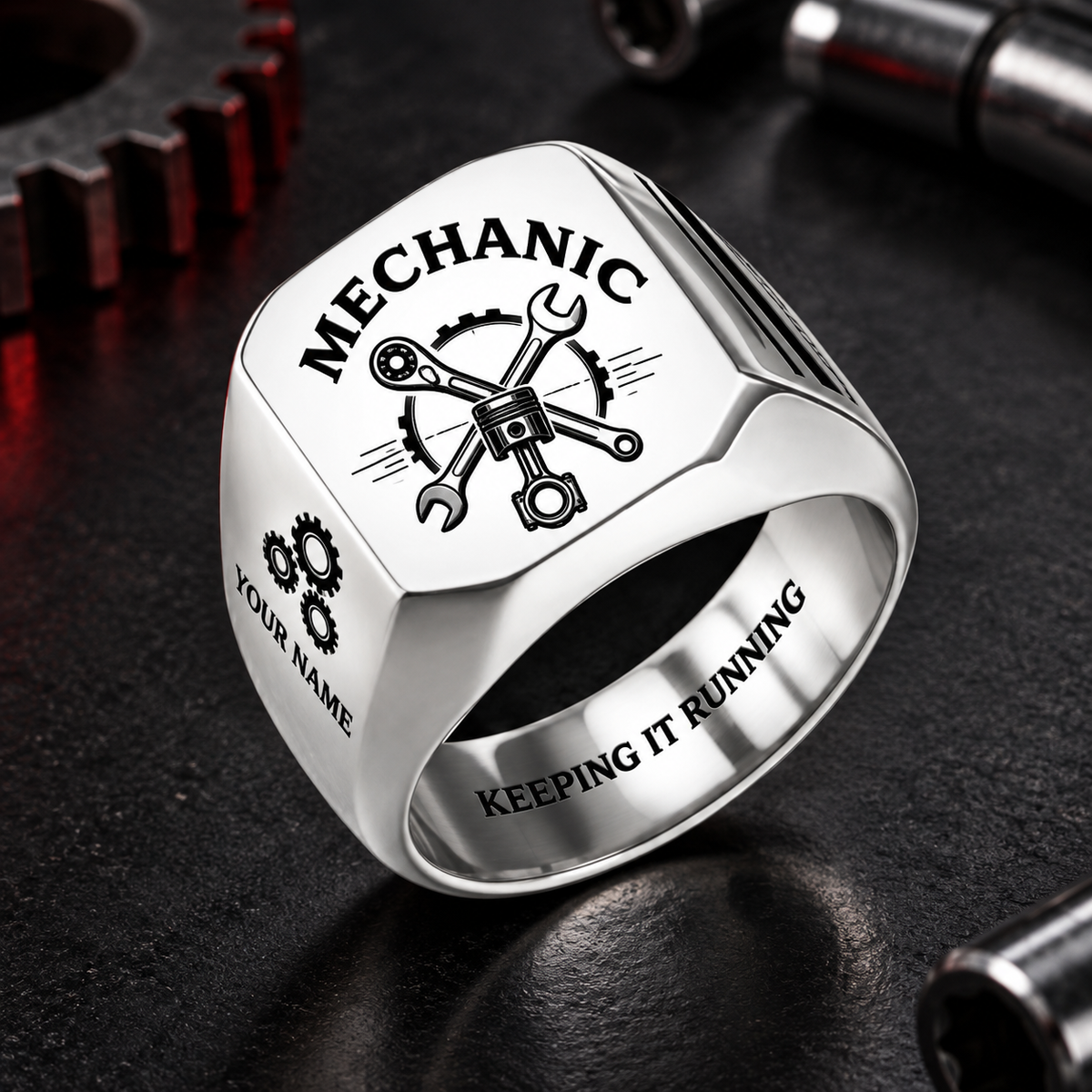 Personalized mechanic engraved signet ring with classic emblem occupational artwork.
