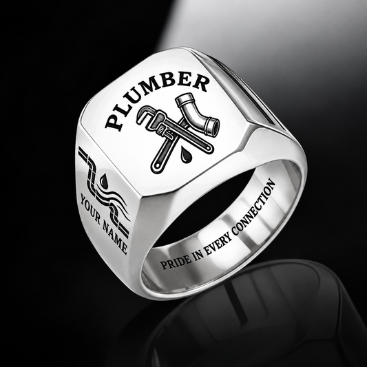 Personalized plumber engraved signet ring with classic emblem occupational artwork.
