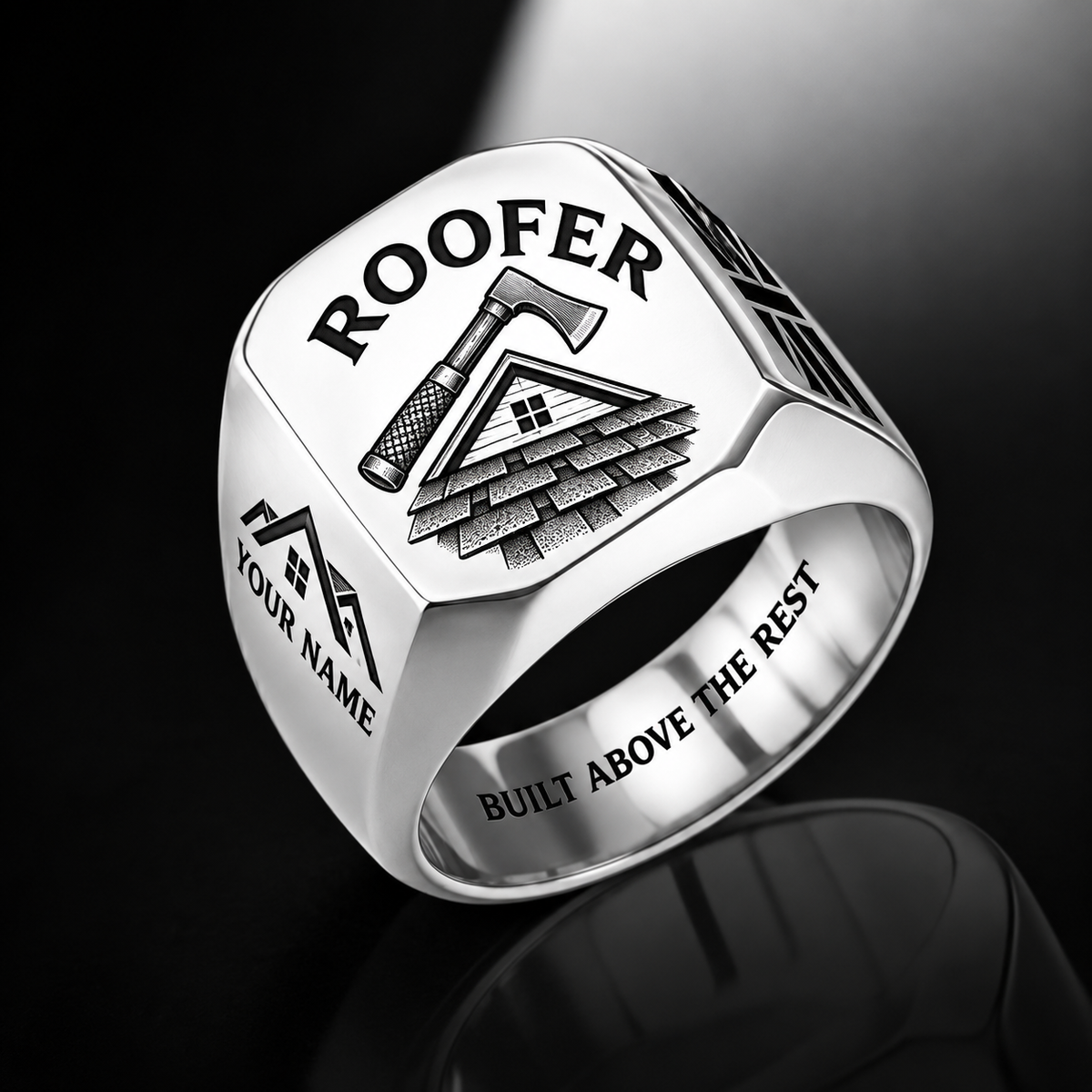 Personalized roofer engraved signet ring with classic emblem occupational artwork.