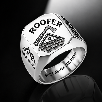 Personalized roofer engraved signet ring with classic emblem occupational artwork.