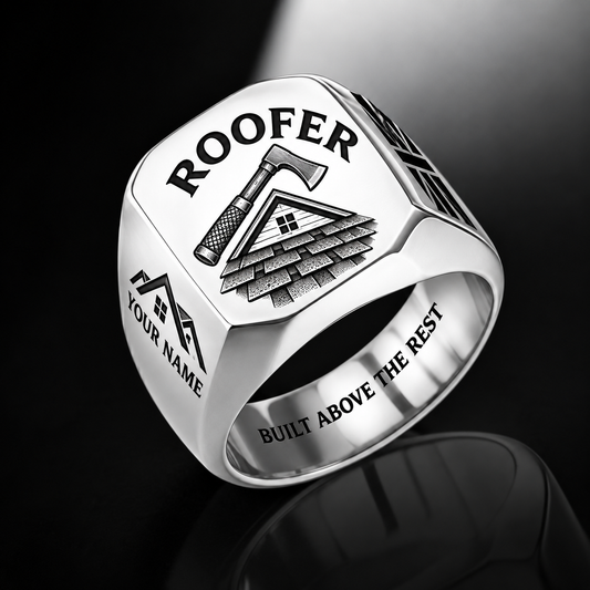 Personalized roofer engraved signet ring with classic emblem occupational artwork.