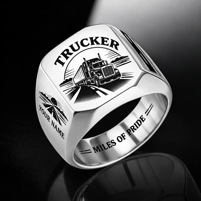 Personalized trucker engraved signet ring with classic emblem occupational artwork.