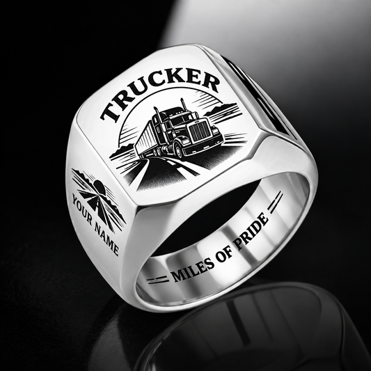 Personalized trucker engraved signet ring with classic emblem occupational artwork.