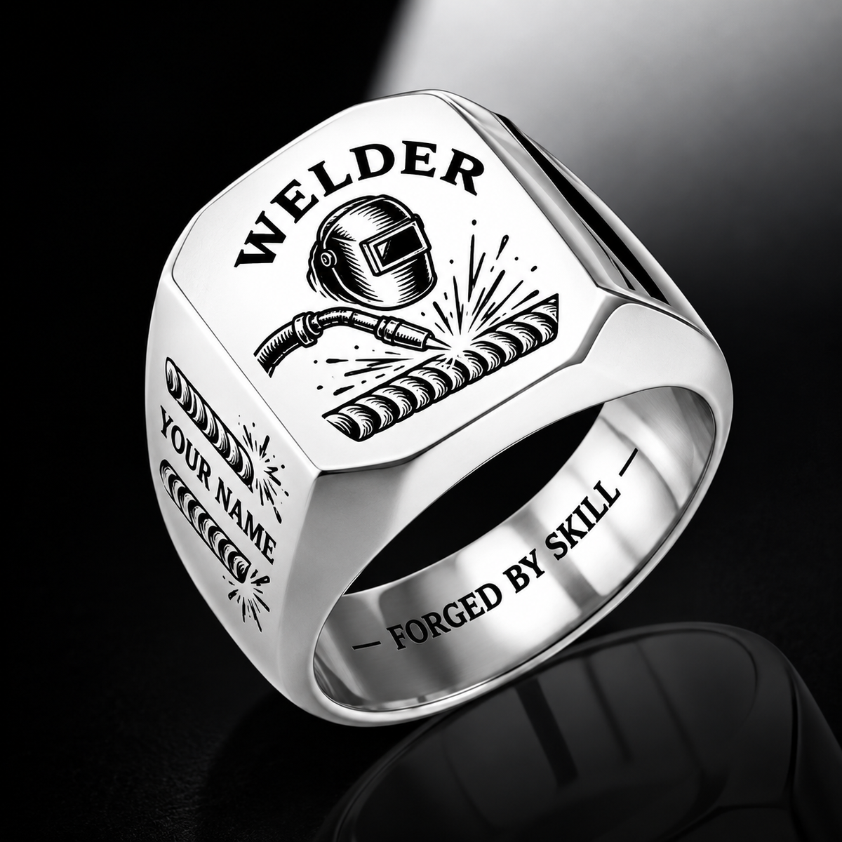 Personalized welder engraved signet ring with classic emblem occupational artwork.