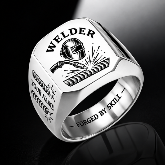 Personalized welder engraved signet ring with classic emblem occupational artwork.