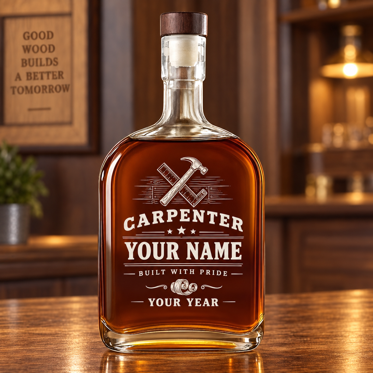 Personalized carpenter whiskey bottle with milestone label occupational artwork.