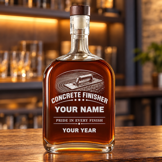 Personalized concrete finisher whiskey bottle with milestone label occupational artwork.