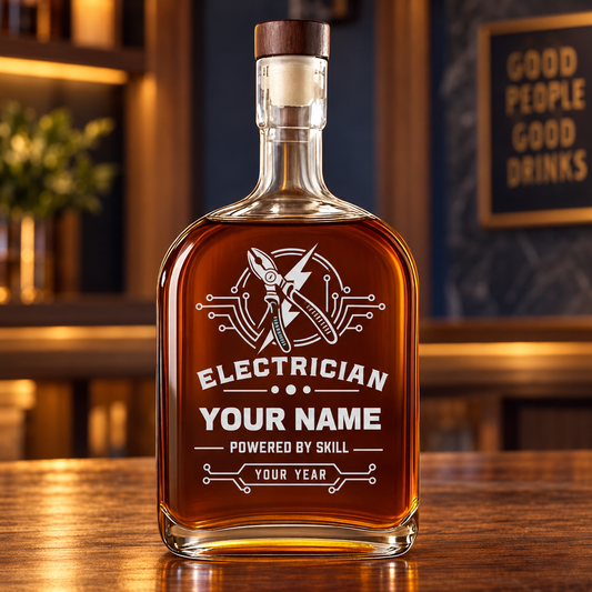 Personalized electrician whiskey bottle with milestone label occupational artwork.