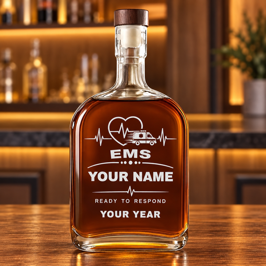 Personalized ems whiskey bottle with milestone label occupational artwork.