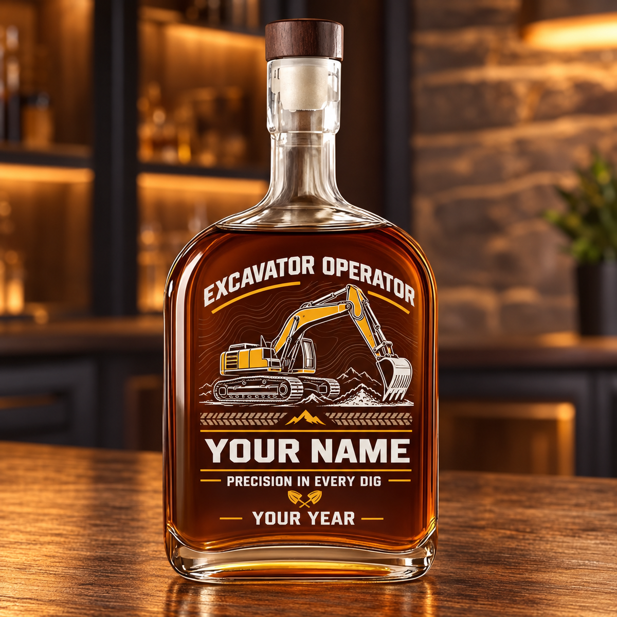 Personalized excavator operator whiskey bottle with milestone label occupational artwork.