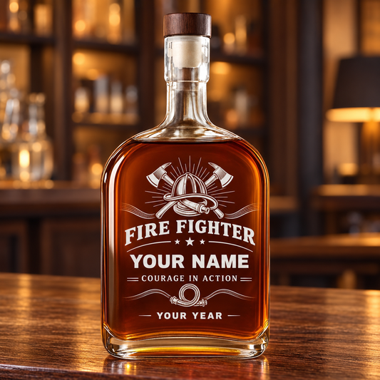 Personalized fire fighter whiskey bottle with milestone label occupational artwork.