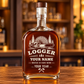 Personalized logger whiskey bottle with milestone label occupational artwork.