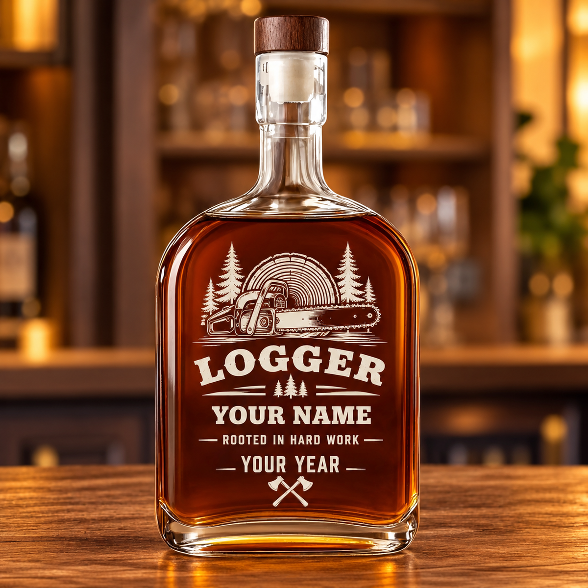 Personalized logger whiskey bottle with milestone label occupational artwork.