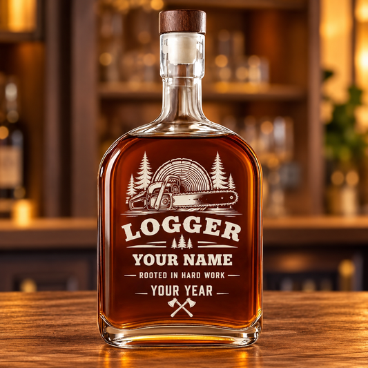 Personalized logger whiskey bottle with milestone label occupational artwork.