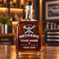 Personalized mechanic whiskey bottle with milestone label occupational artwork.