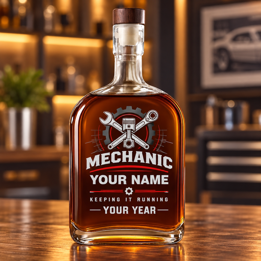 Personalized mechanic whiskey bottle with milestone label occupational artwork.