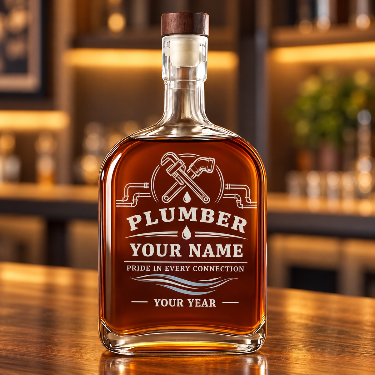 Personalized plumber whiskey bottle with milestone label occupational artwork.
