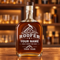 Personalized roofer whiskey bottle with milestone label occupational artwork.