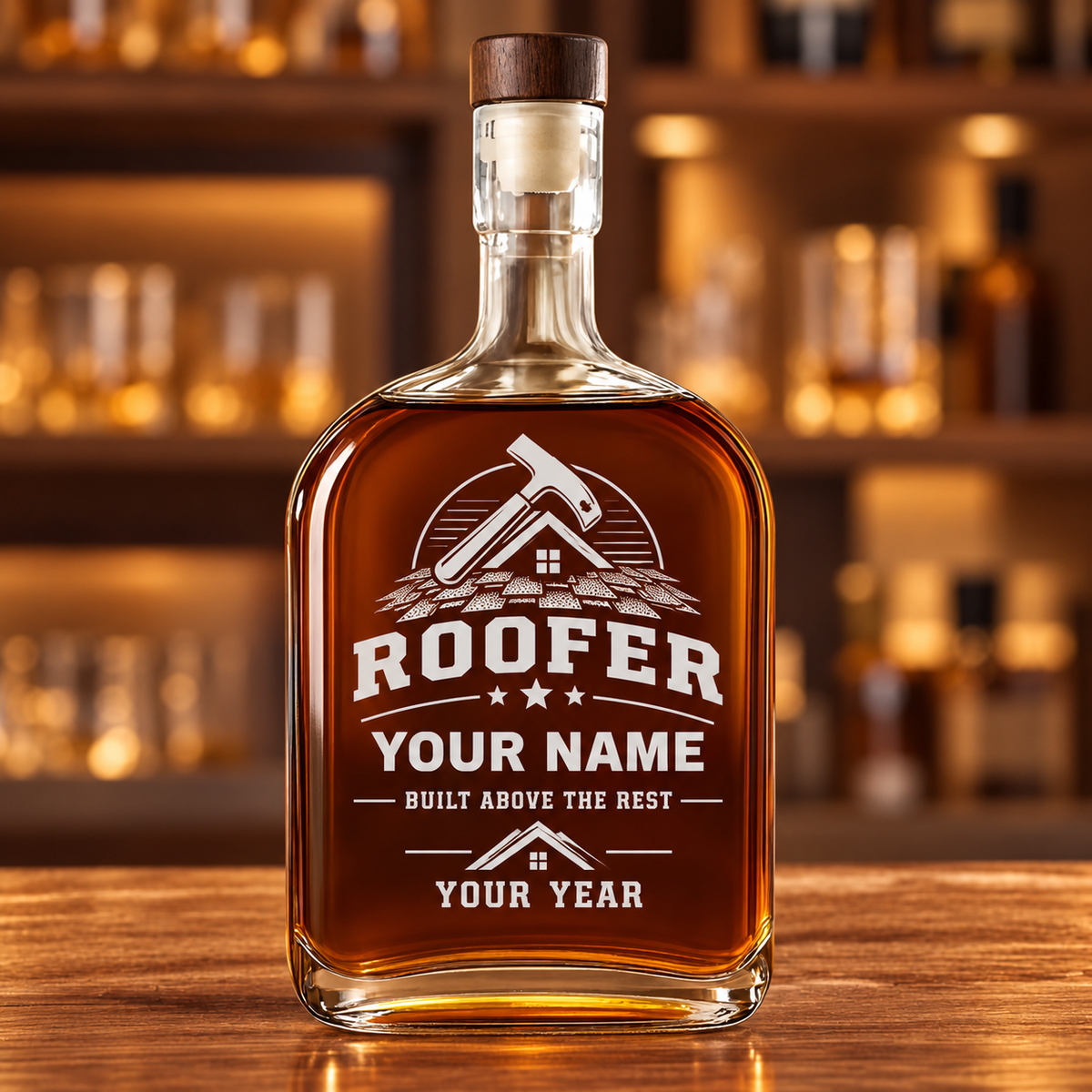 Personalized roofer whiskey bottle with milestone label occupational artwork.