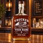Personalized trucker whiskey bottle with milestone label occupational artwork.