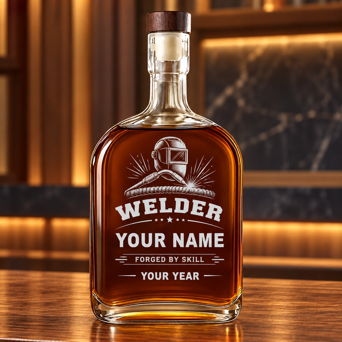 Personalized welder whiskey bottle with milestone label occupational artwork.