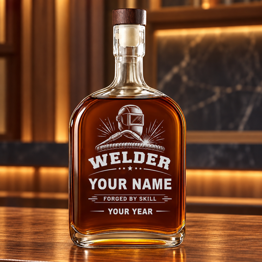 Personalized welder whiskey bottle with milestone label occupational artwork.