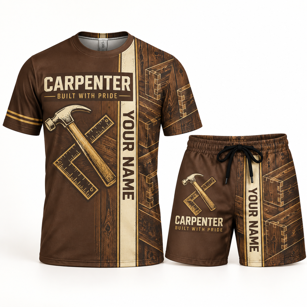 Personalized carpenter t-shirt and shorts set with split texture occupational artwork.
