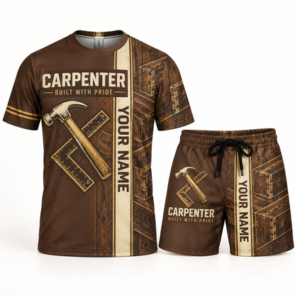 Personalized carpenter t-shirt and shorts set with split texture occupational artwork.