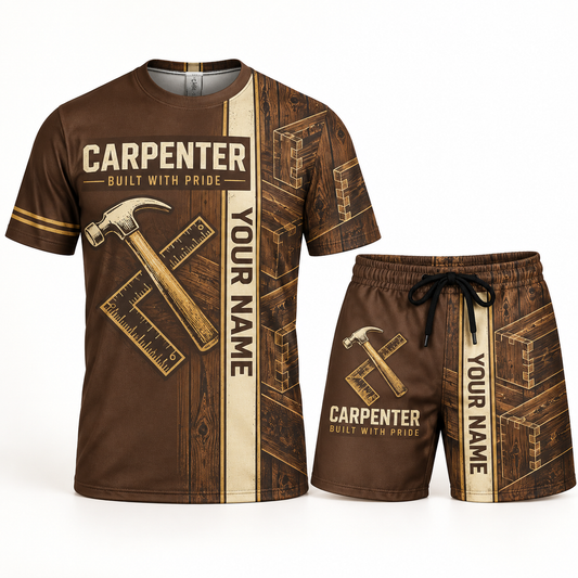 Personalized carpenter t-shirt and shorts set with split texture occupational artwork.