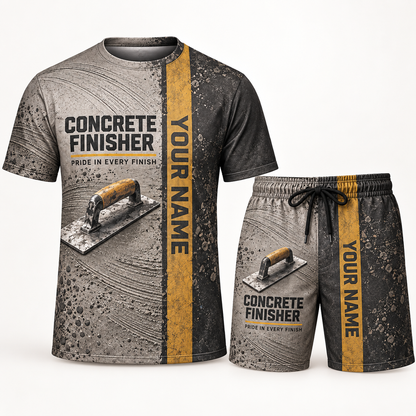 Personalized concrete finisher t-shirt and shorts set with split texture occupational artwork.