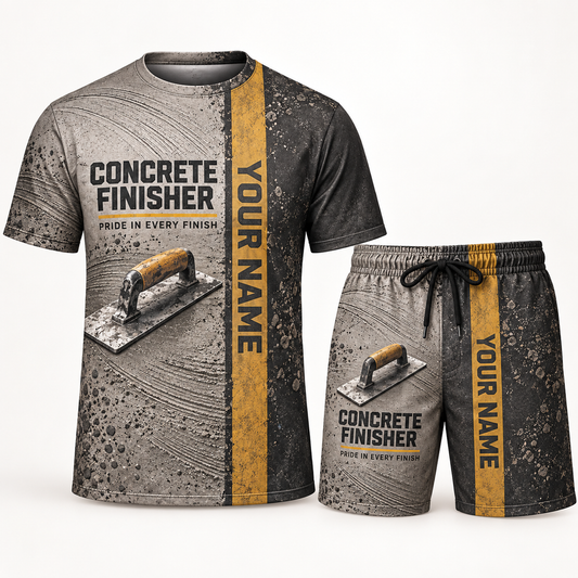 Personalized concrete finisher t-shirt and shorts set with split texture occupational artwork.