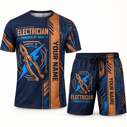 Personalized electrician t-shirt and shorts set with split texture occupational artwork.