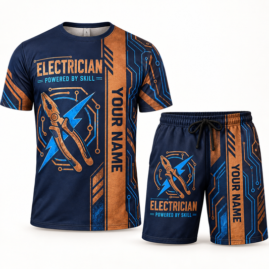 Personalized electrician t-shirt and shorts set with split texture occupational artwork.
