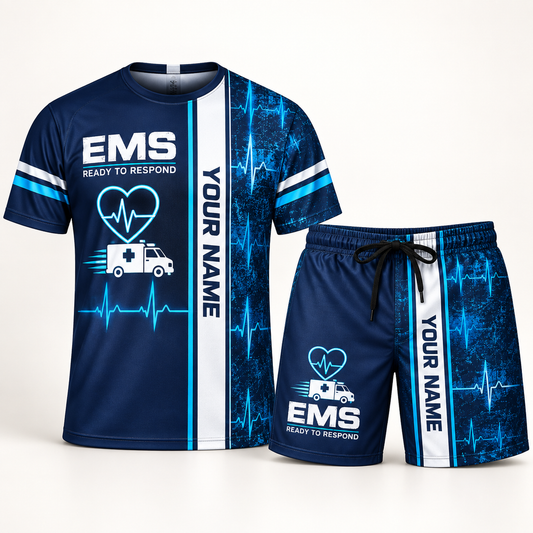 Personalized ems t-shirt and shorts set with split texture occupational artwork.