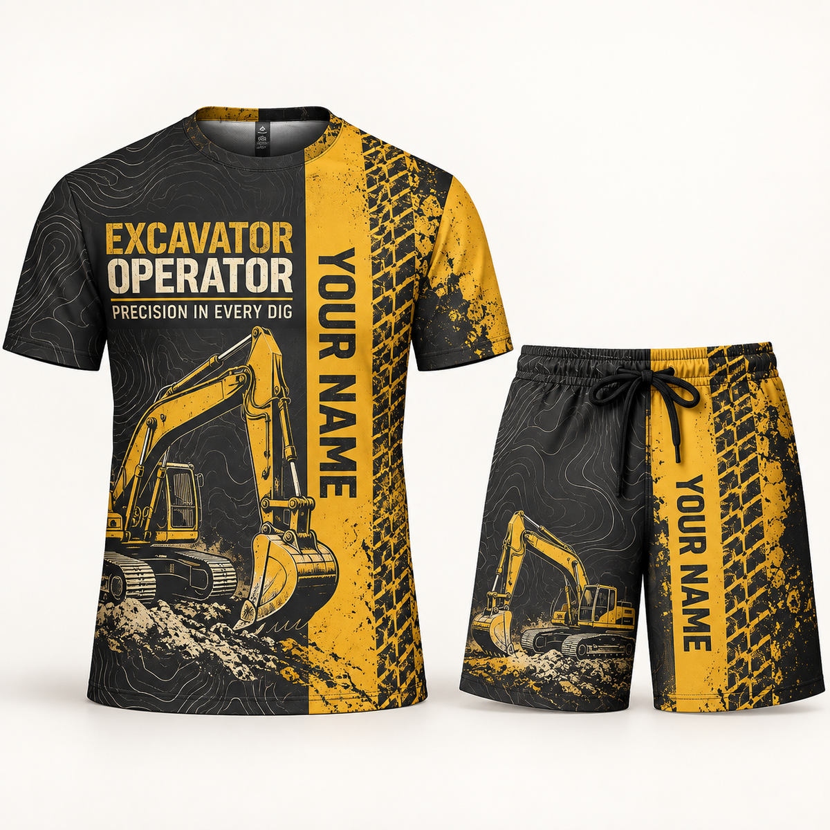 Personalized excavator operator t-shirt and shorts set with split texture occupational artwork.