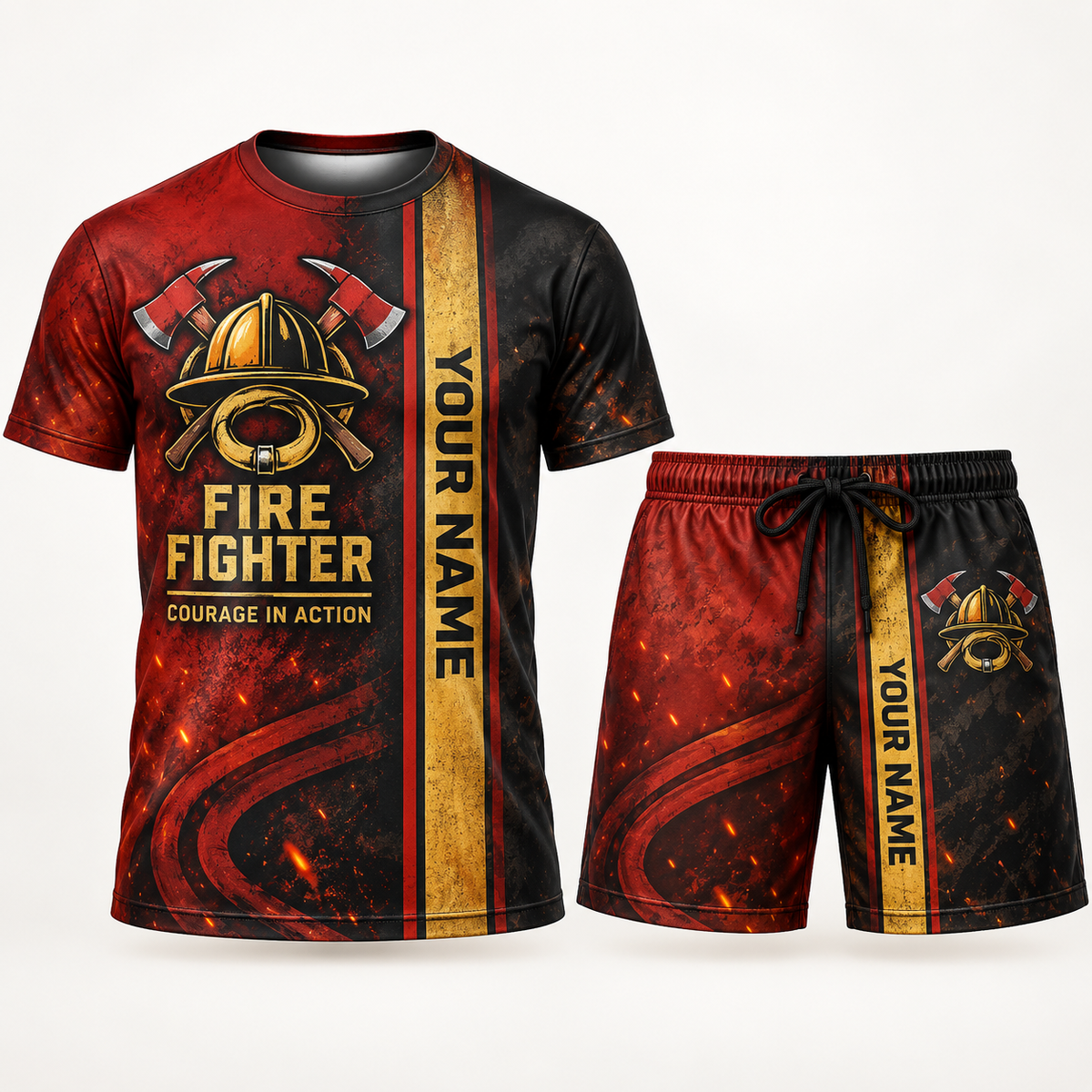 Personalized fire fighter t-shirt and shorts set with split texture occupational artwork.