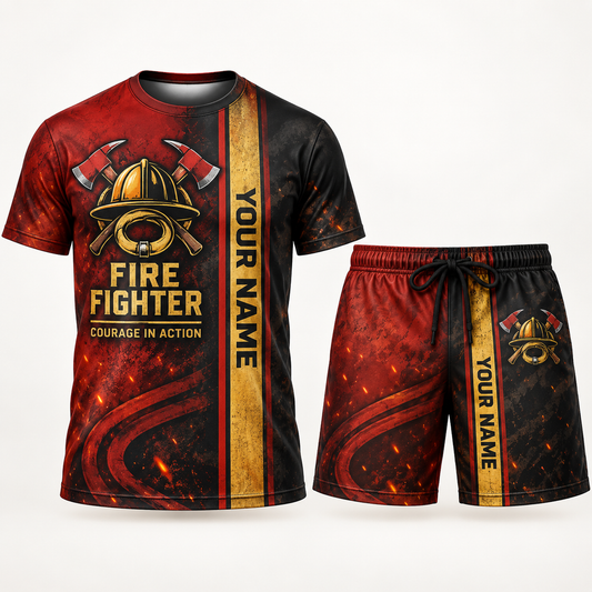 Personalized fire fighter t-shirt and shorts set with split texture occupational artwork.
