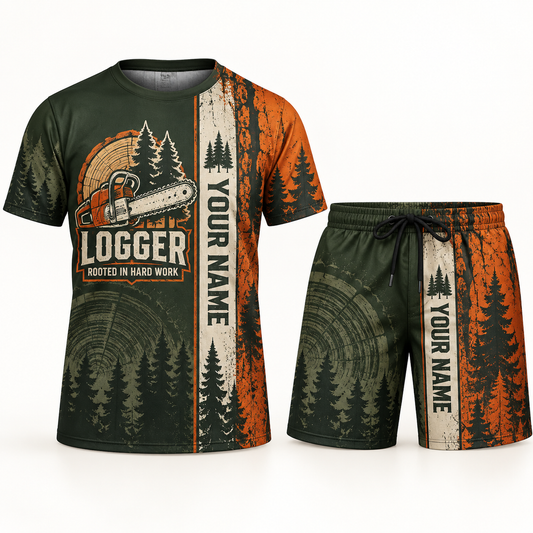 Personalized logger t-shirt and shorts set with split texture occupational artwork.