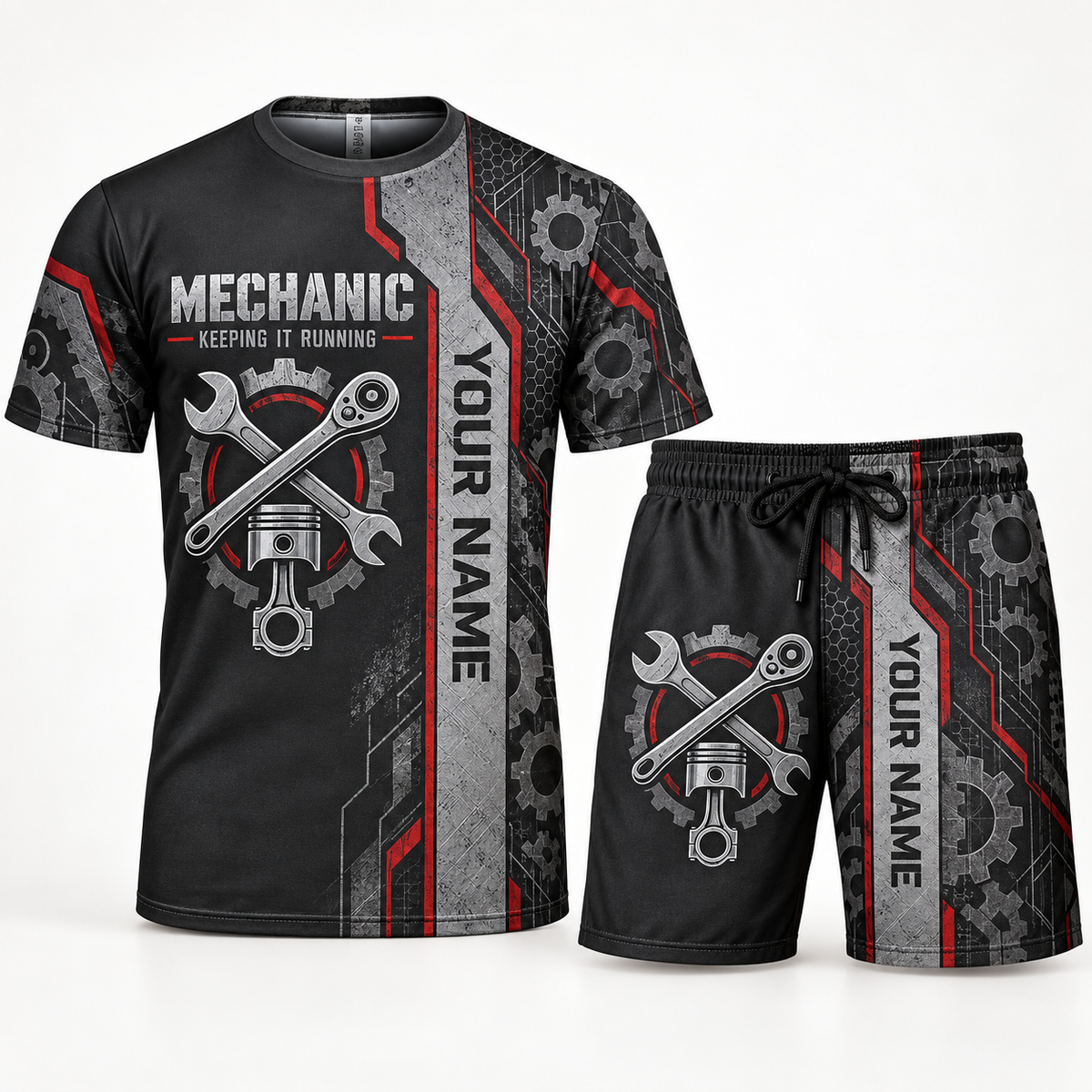 Personalized mechanic t-shirt and shorts set with split texture occupational artwork.